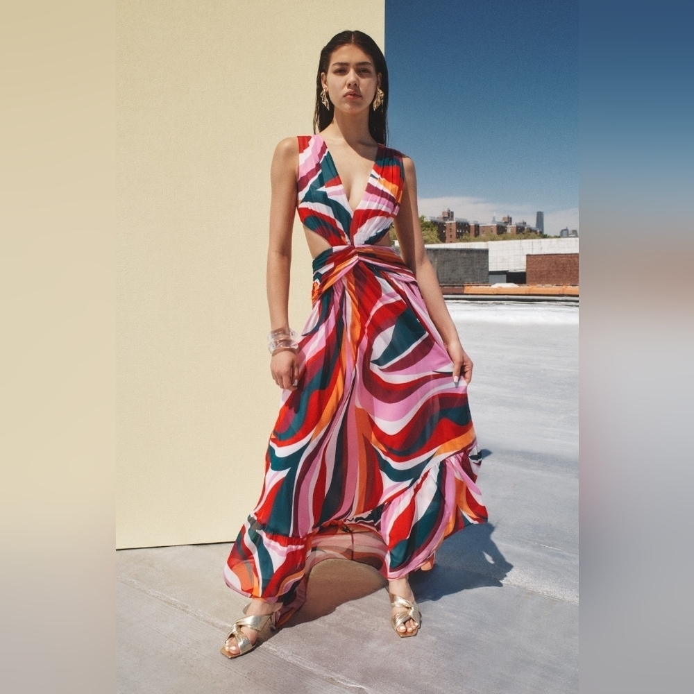 PatBO Multicolor Delos Cutout Plunge Maxi Dress Long Length
